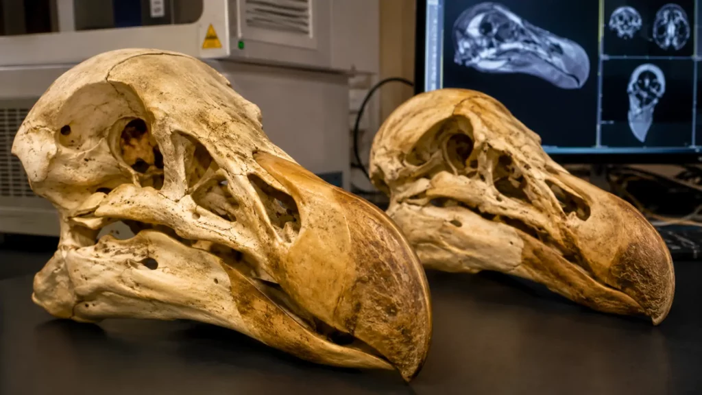 Deux crânes de dodo posés sur une table de laboratoire, avec un écran montrant un scanner anatomique en arrière-plan.