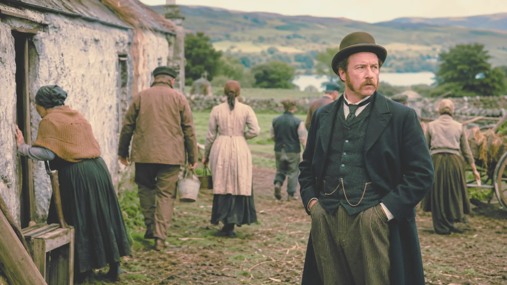 Reconstitution réaliste de Charles Boycott isolé dans une ferme du comté de Mayo en Irlande en 1880, tandis que les habitants l’ignorent.