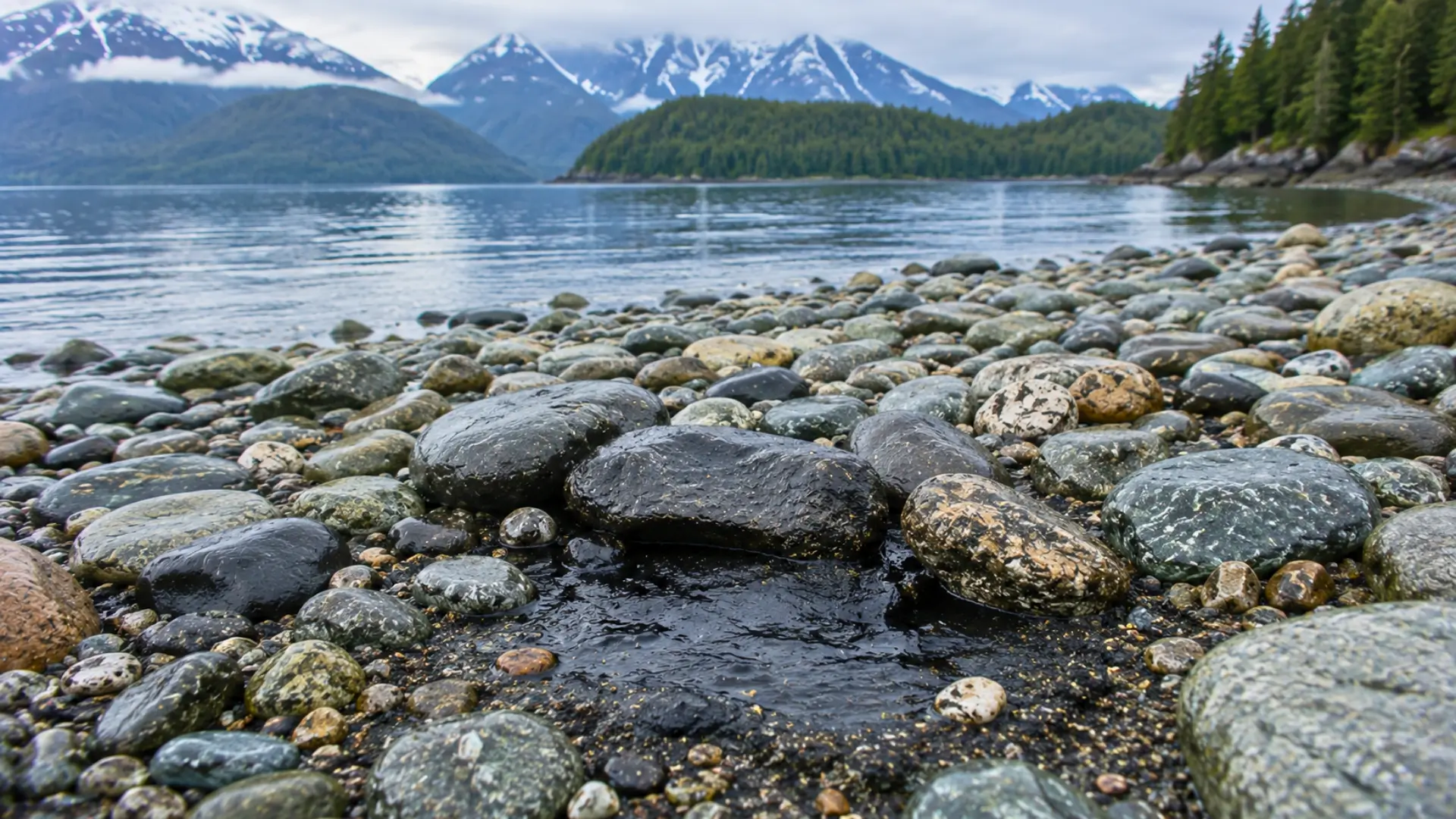 Pétrole ancien visible entre les galets d’une plage du Prince William Sound en Alaska