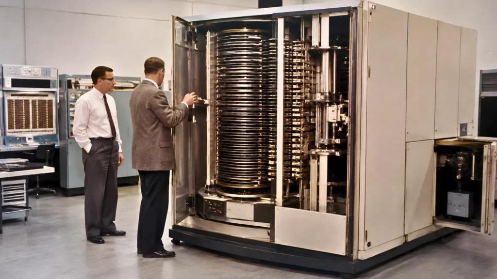 IBM RAMAC 350 ouvert dans une salle informatique des années 1950, avec ses grands disques magnétiques visibles et deux techniciens à proximité.