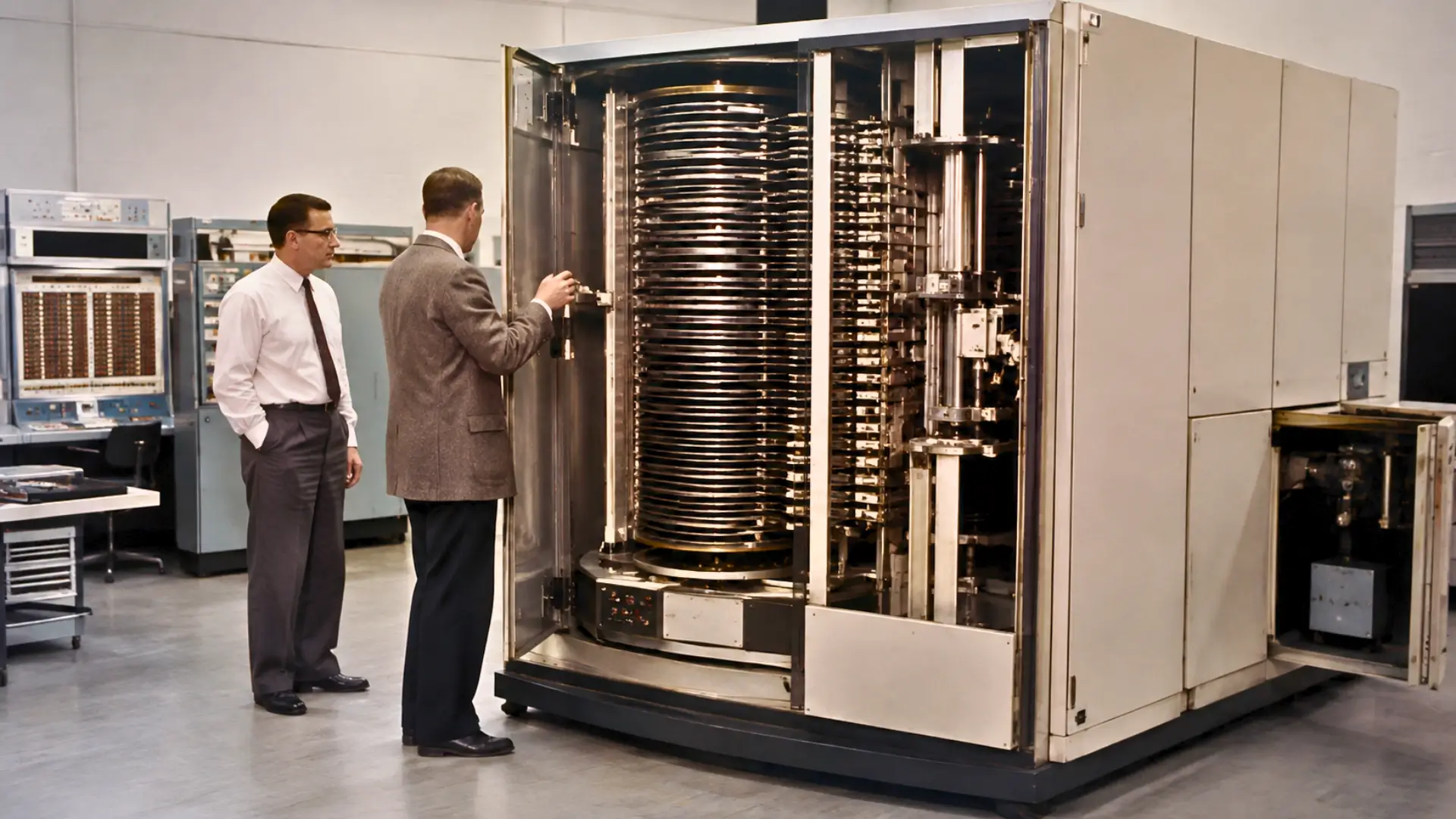 IBM RAMAC 350 ouvert dans une salle informatique des années 1950, avec ses grands disques magnétiques visibles et deux techniciens à proximité.