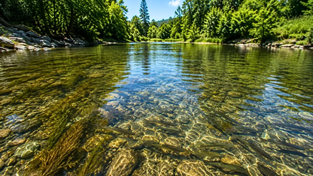 Poissons visibles sous l’eau claire d’une rivière peu profonde en été, entourée d’arbres et de berges rocheuses.