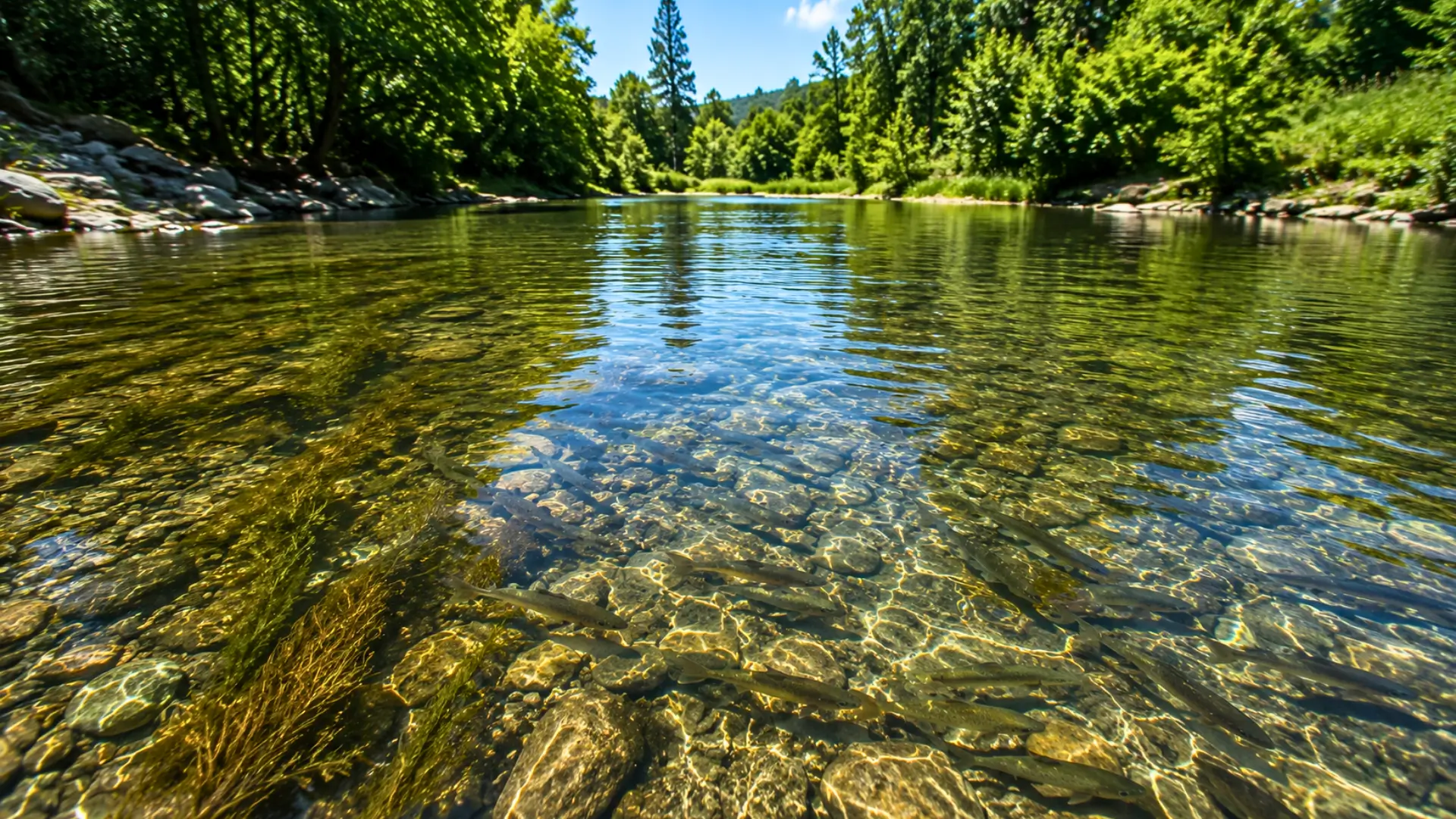 Poissons visibles sous l’eau claire d’une rivière peu profonde en été, entourée d’arbres et de berges rocheuses.