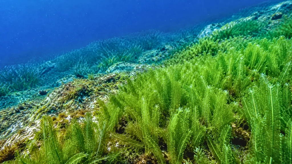 Tapis de Caulerpa taxifolia se développant sur les fonds marins de la Méditerranée.