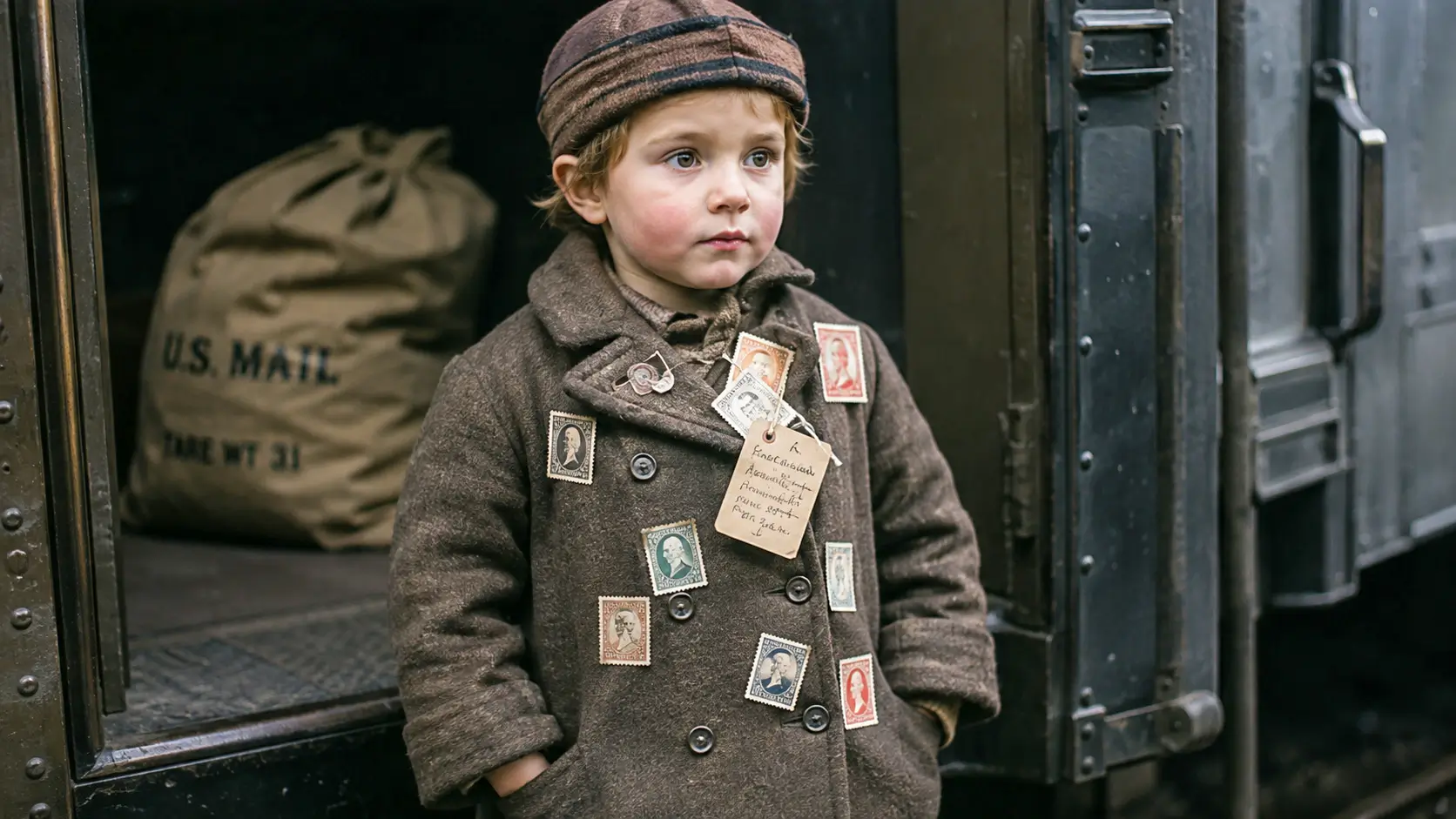 Un jeune enfant portant des timbres sur son manteau se tient devant un wagon postal américain en 1913.