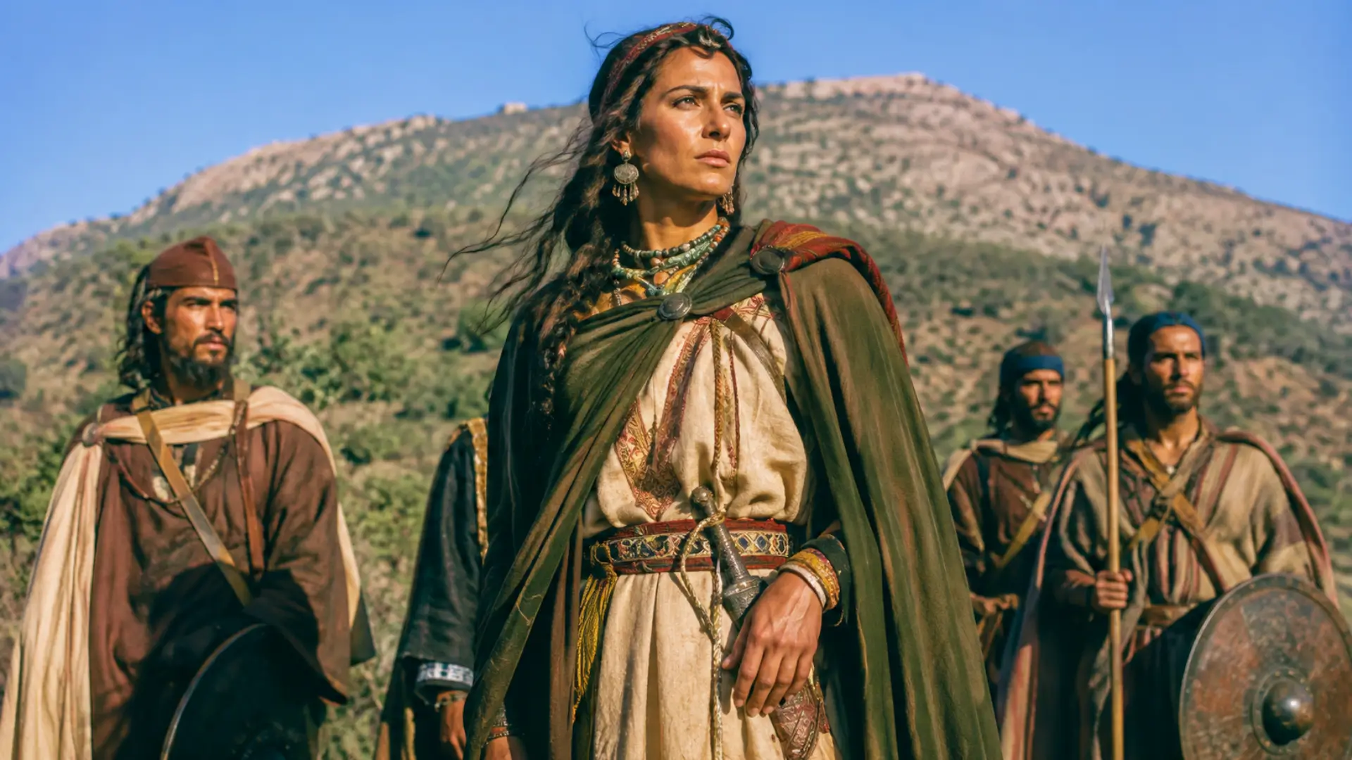 Reconstitution réaliste de la Kahina, reine berbère de l’Aurès, entourée de guerriers dans les montagnes d’Afrique du Nord.