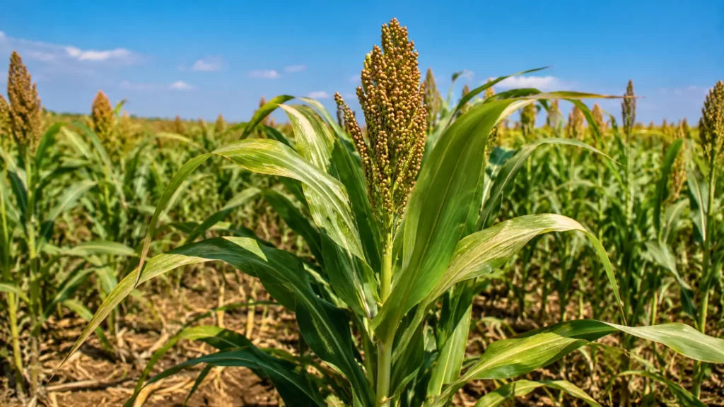 Plant de sorgho dans un champ sec sous un ciel bleu, illustrant la résistance des plantes C4 à la chaleur et au manque d’eau.