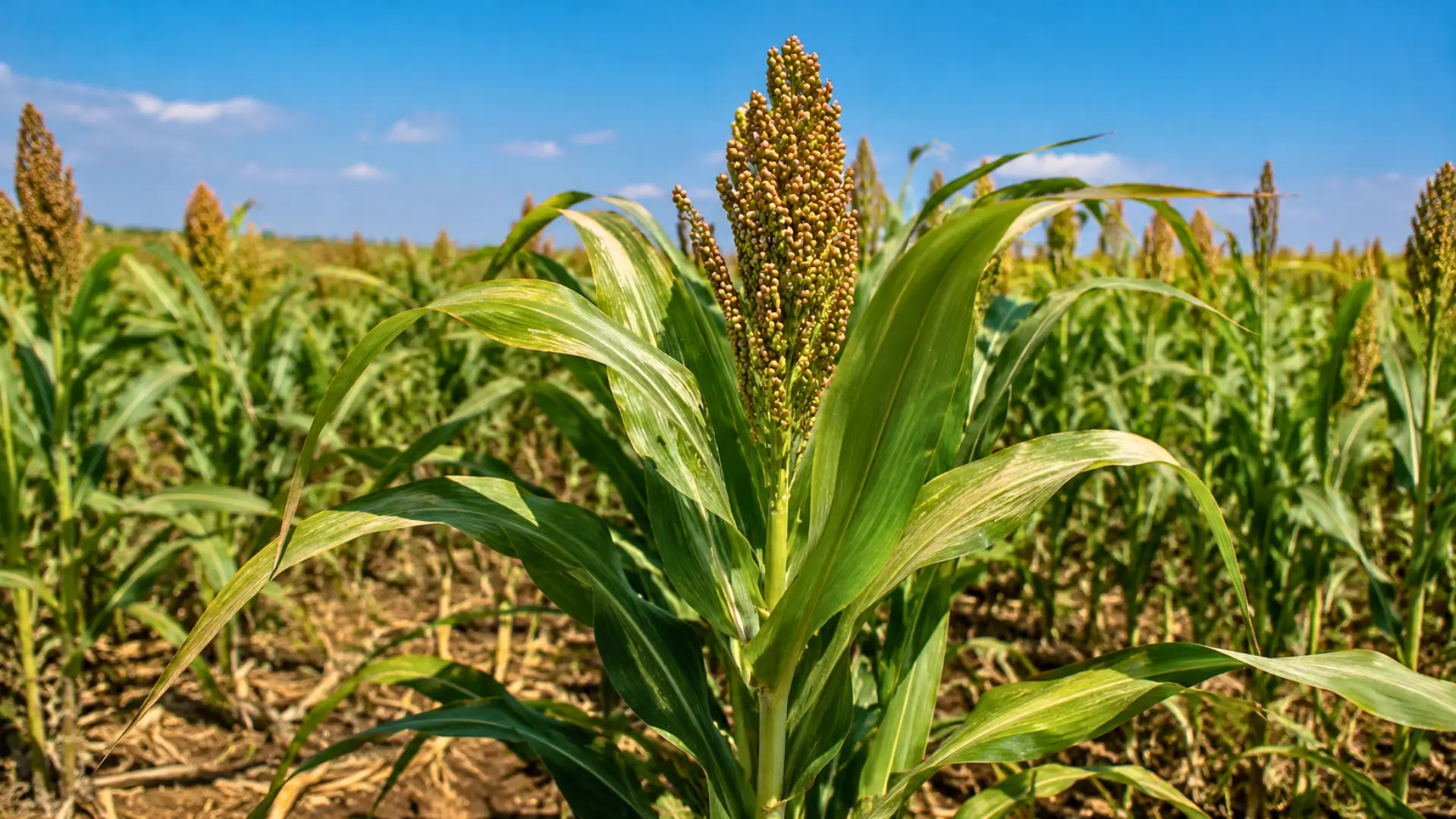 Plant de sorgho dans un champ sec sous un ciel bleu, illustrant la résistance des plantes C4 à la chaleur et au manque d’eau.