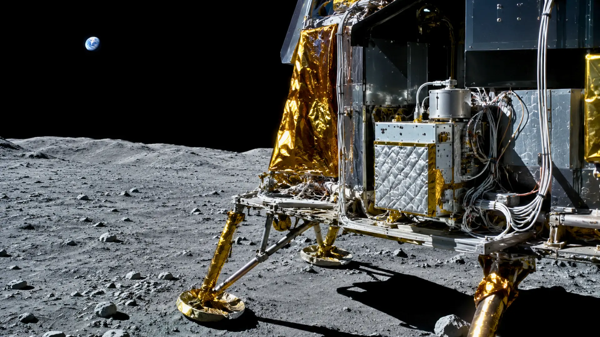 Atterrisseur lunaire équipé de systèmes thermiques sur la surface de la Lune, avec la Terre visible dans le ciel noir.