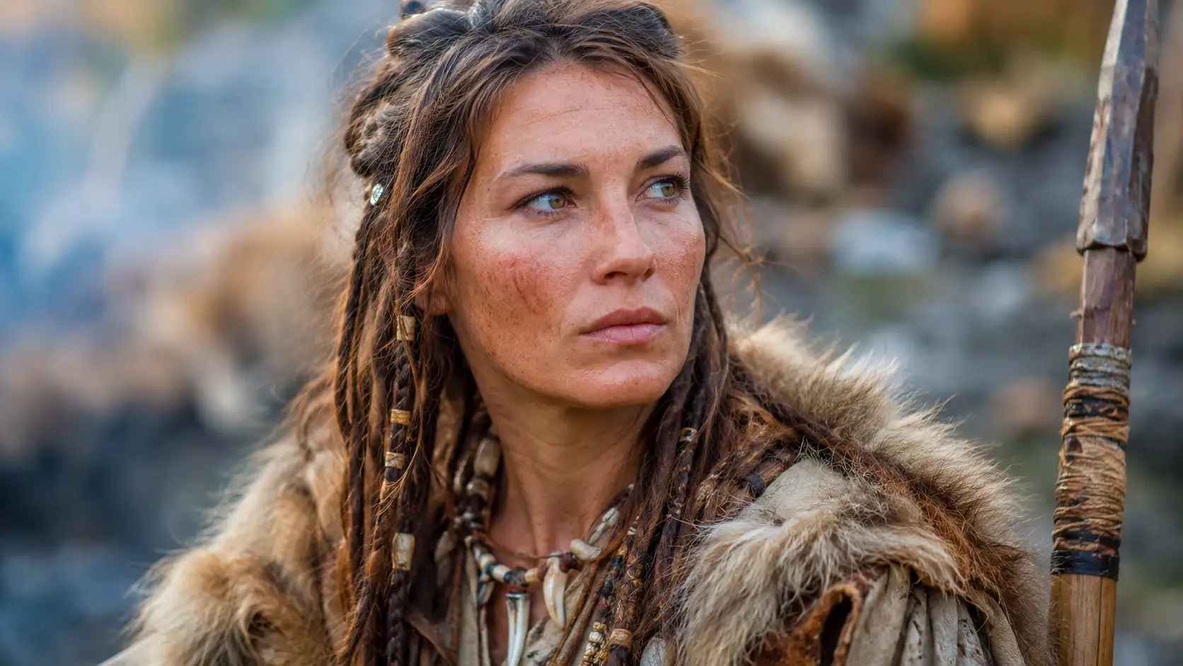 Portrait réaliste d’une femme préhistorique vêtue de peaux animales et tenant une lance dans un environnement sauvage.