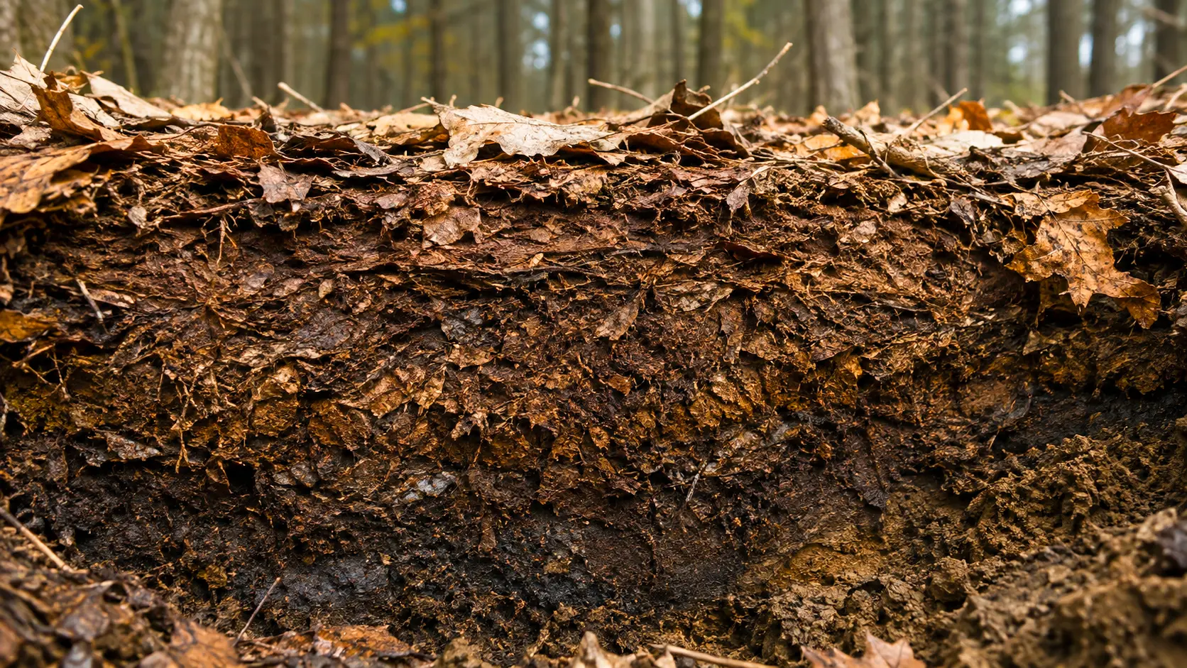 Coupe du sol forestier montrant plusieurs couches de feuilles mortes en décomposition au-dessus d’une terre sombre riche en matière organique.
