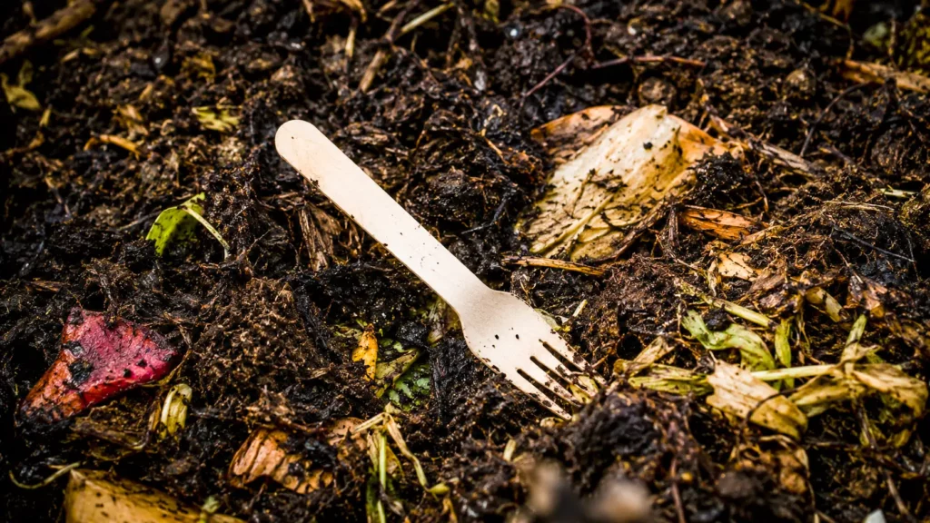 Une fourchette jetable dite compostable reste intacte au milieu de déchets organiques en décomposition dans un compost de jardin.