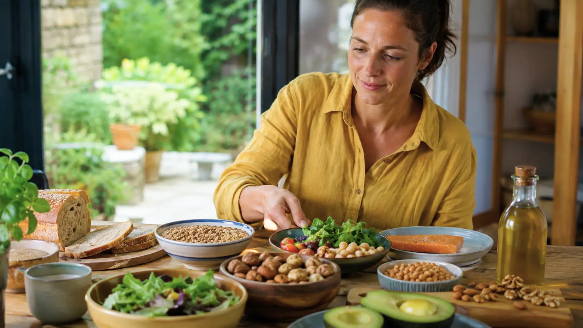 Femme préparant un repas équilibré avec pain complet, légumes, légumineuses, noix, avocat, saumon et huile d’olive.