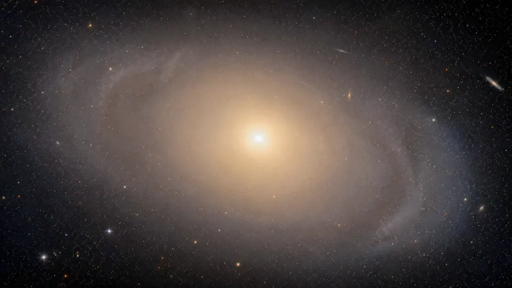 La galaxie géante IC 1101 apparaît comme un immense halo lumineux doré entourant un noyau stellaire très brillant.