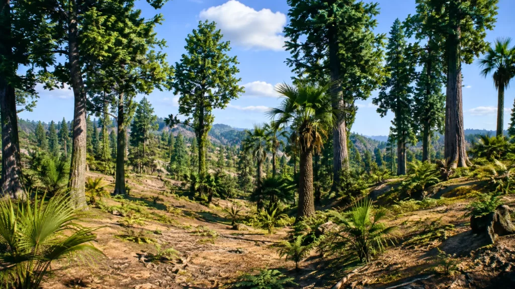 Forêt ouverte du Wyoming il y a 56 millions d’années, avec grands arbres, palmiers, fougères et sol exposé sous un climat plus chaud et plus sec.