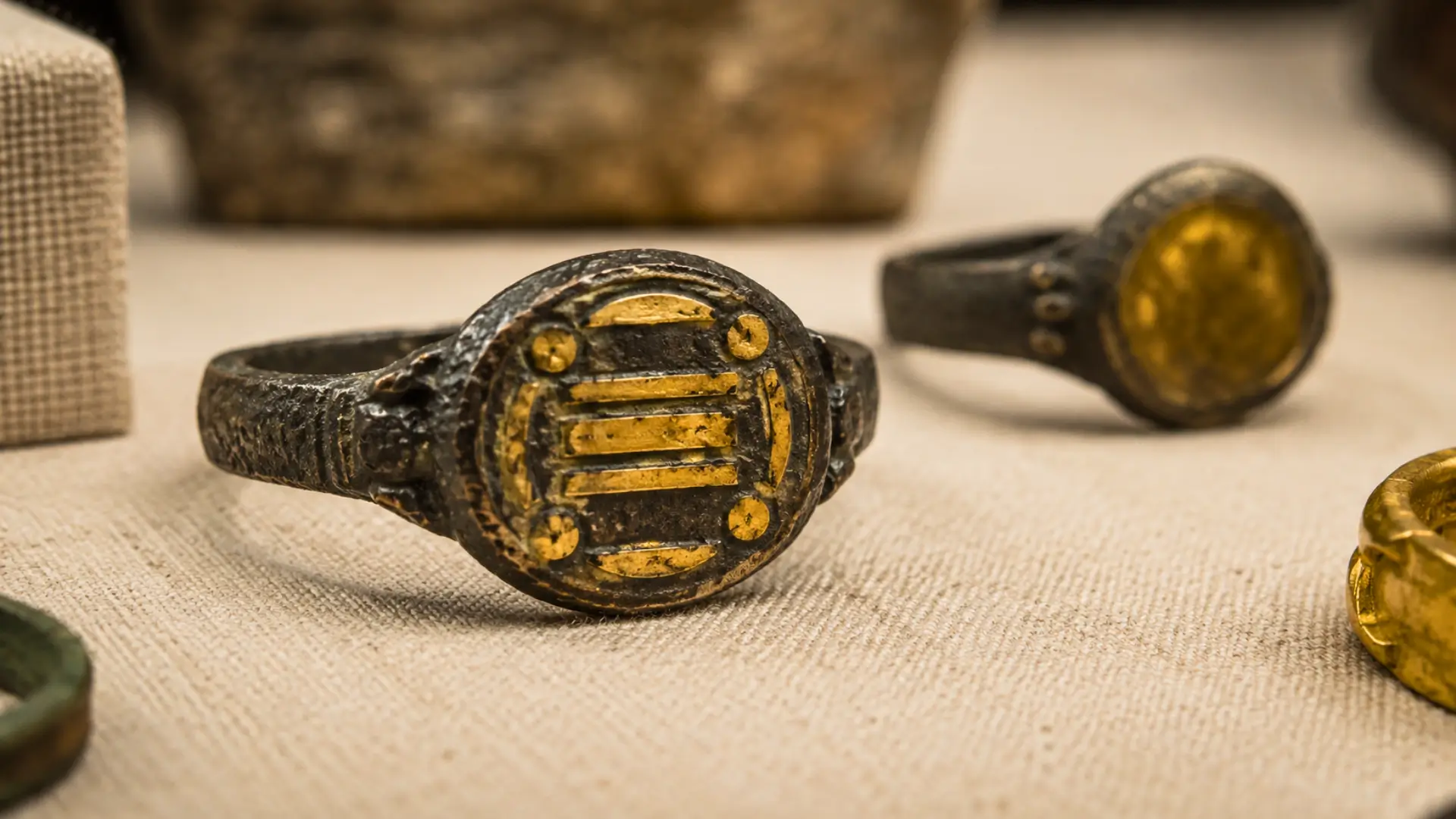 Bague antique en fer et or inspirée de bijoux minoens et mycéniens de l’âge du Bronze, exposée dans un contexte archéologique.