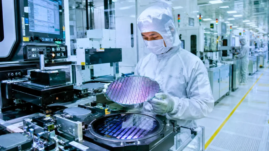 Ingénieur dans une usine chinoise de semi-conducteurs inspectant un wafer de puces électroniques