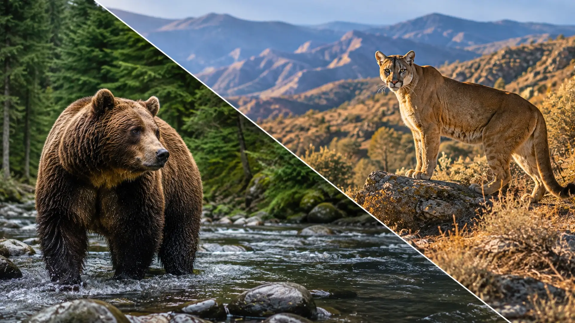 Collage animalier avec séparation diagonale montrant un ours brun dans une rivière forestière et un puma dans un paysage montagneux sec en Amérique du Nord.