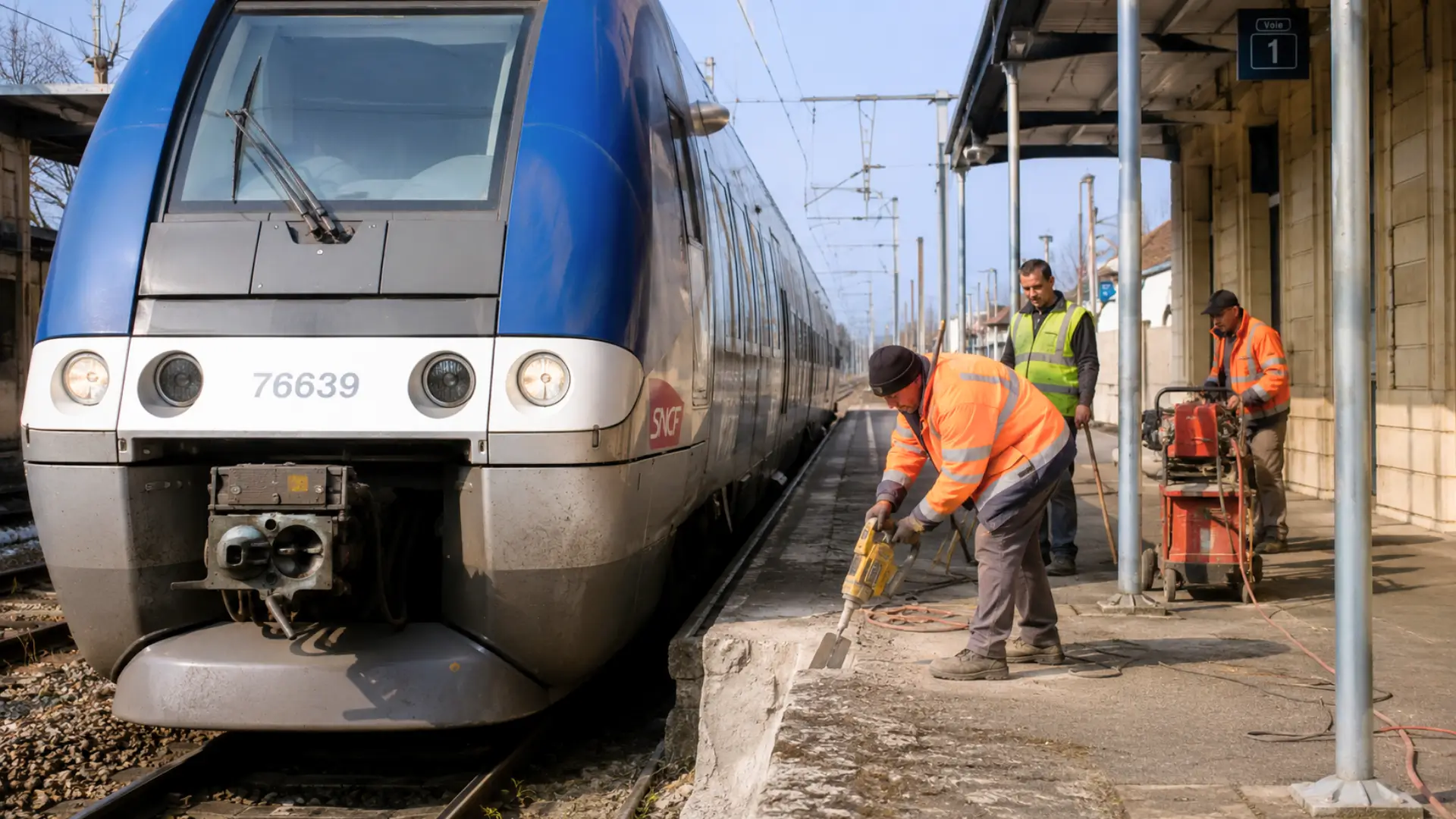 Train TER moderne en gare pendant des travaux de modification du quai pour adapter l’infrastructure au passage de nouvelles rames régionales.