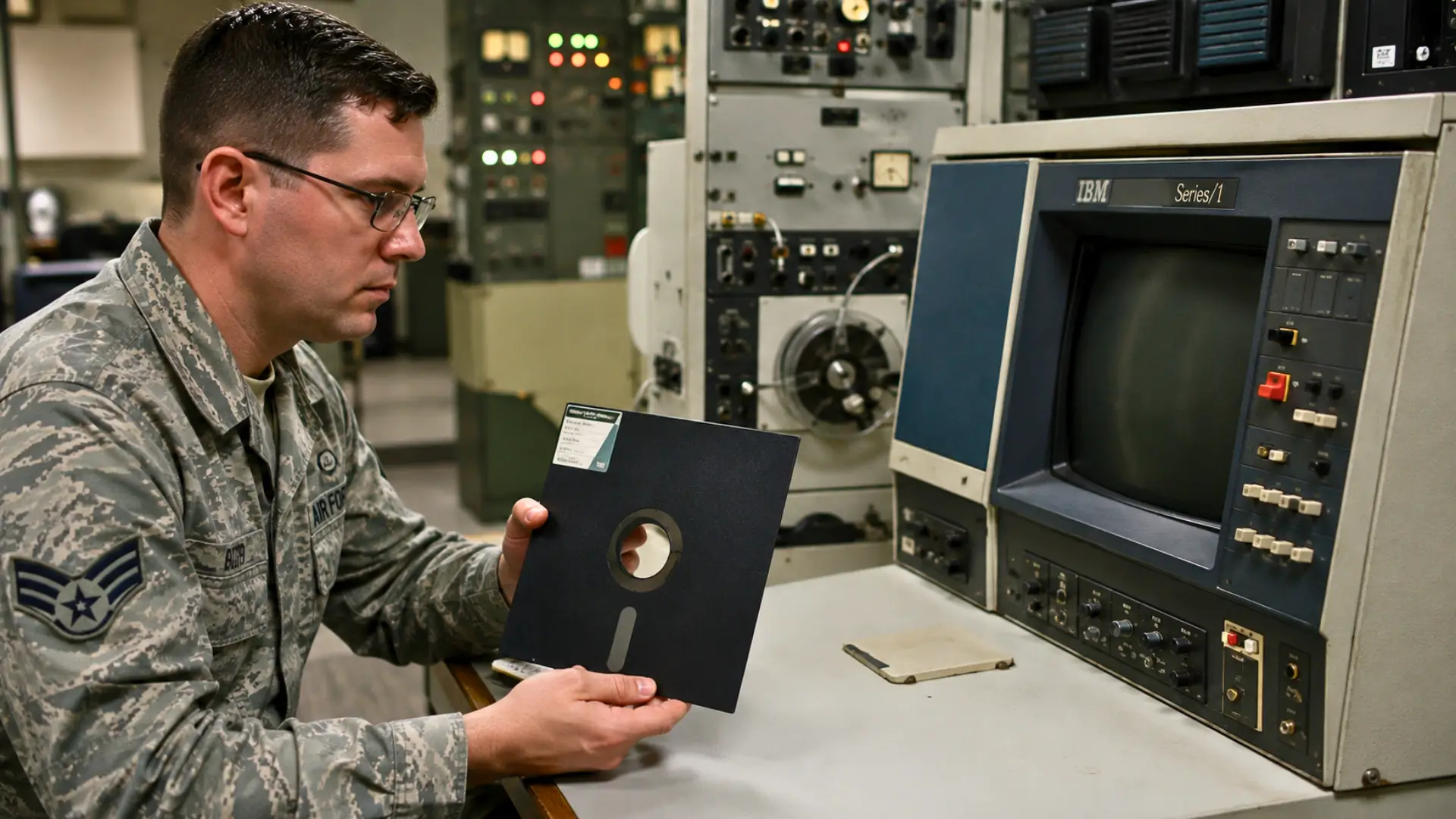Militaire de l’US Air Force tenant une disquette de 8 pouces devant un ancien ordinateur IBM Series/1 dans un centre de commandement.