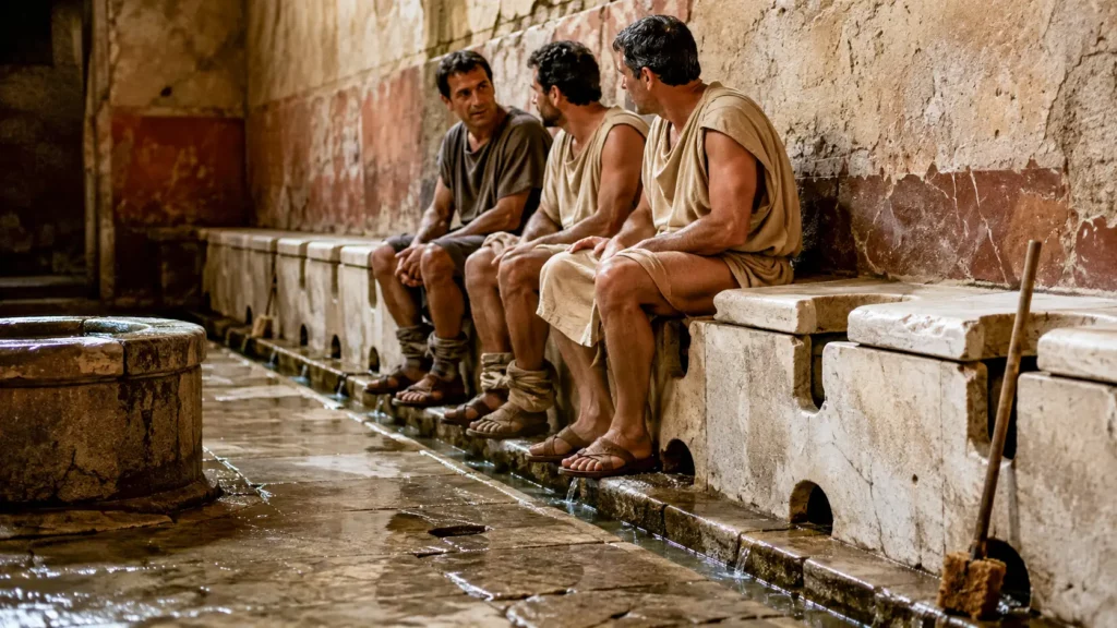 Des Romains assis côte à côte dans des latrines publiques en pierre, discutant dans un espace collectif alimenté en eau courante.