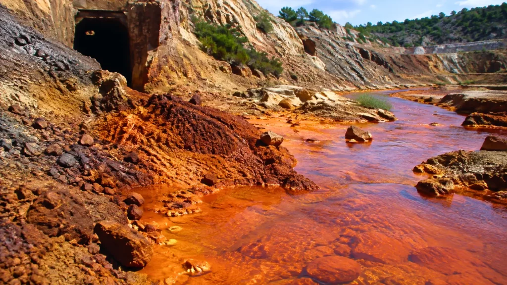 Rivière orange chargée en minéraux traversant une ancienne mine abandonnée aux roches fortement oxydées.