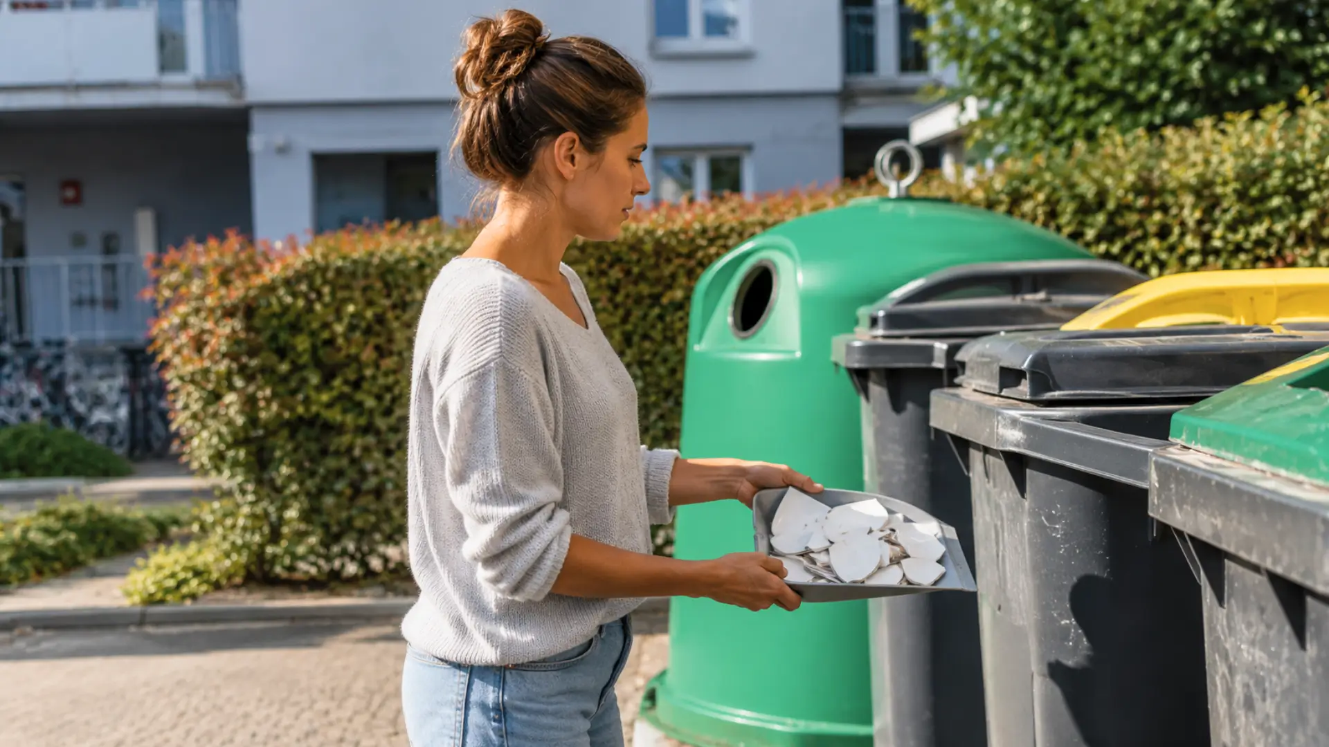 Une femme tenant une pelle remplie de morceaux d’assiette cassée devant des bacs à déchets, à côté d’un conteneur vert de tri du verre.