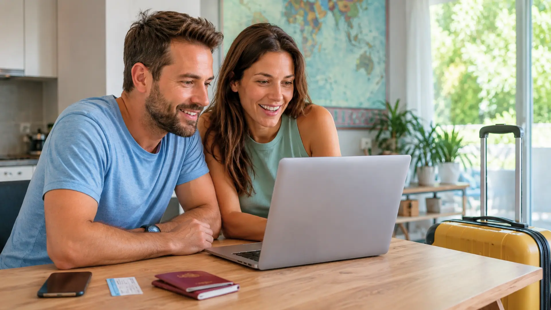 Un couple consulte un ordinateur portable pour réserver un voyage à prix réduit, avec passeports, smartphone et valise posés à proximité.