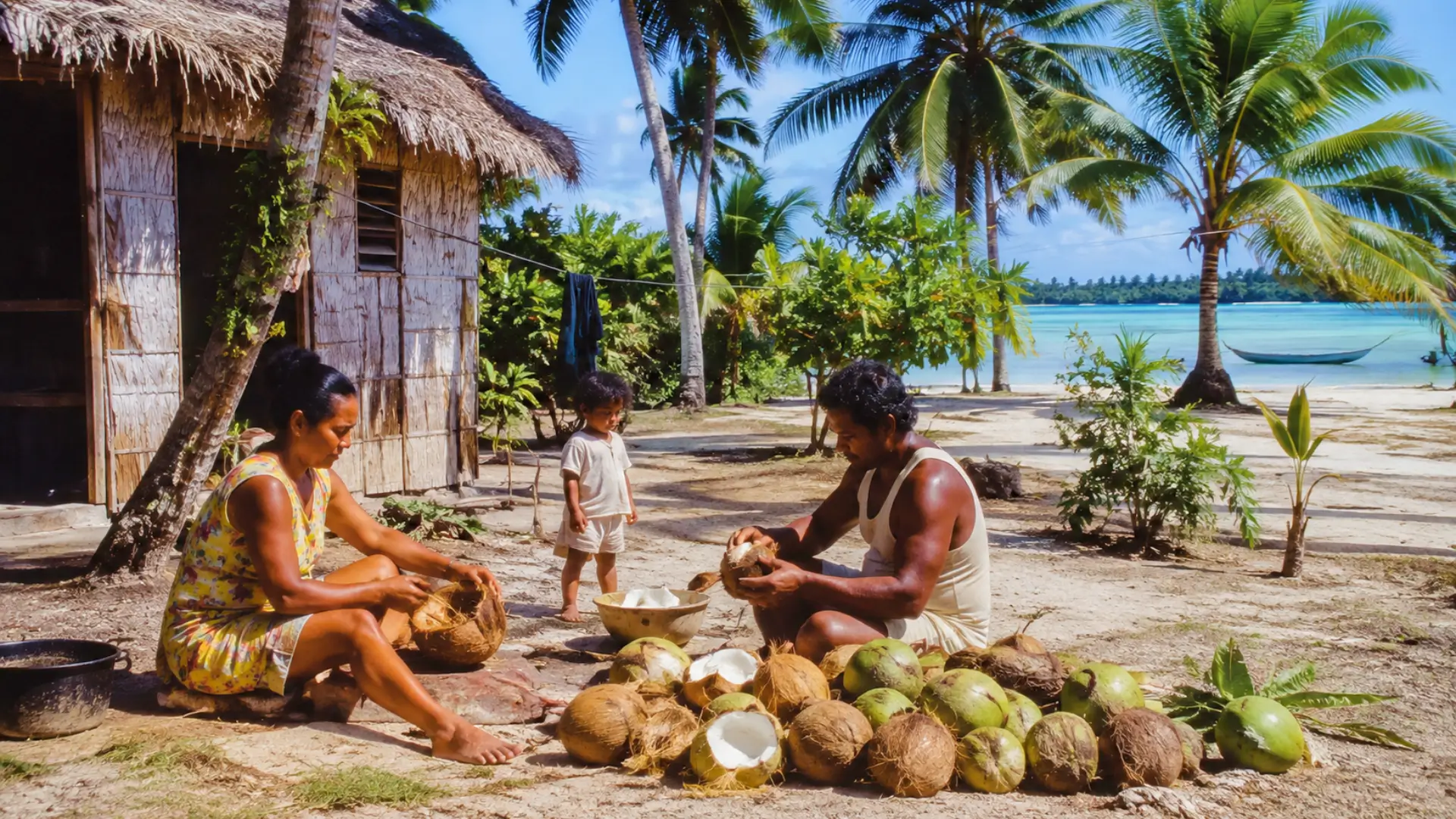 Famille de Bikini préparant des noix de coco près du lagon après le retour des habitants sur l’atoll dans les années 1970.