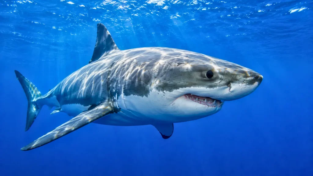 Grand requin blanc nageant dans une eau bleue claire, photographié sous la surface de l’océan.