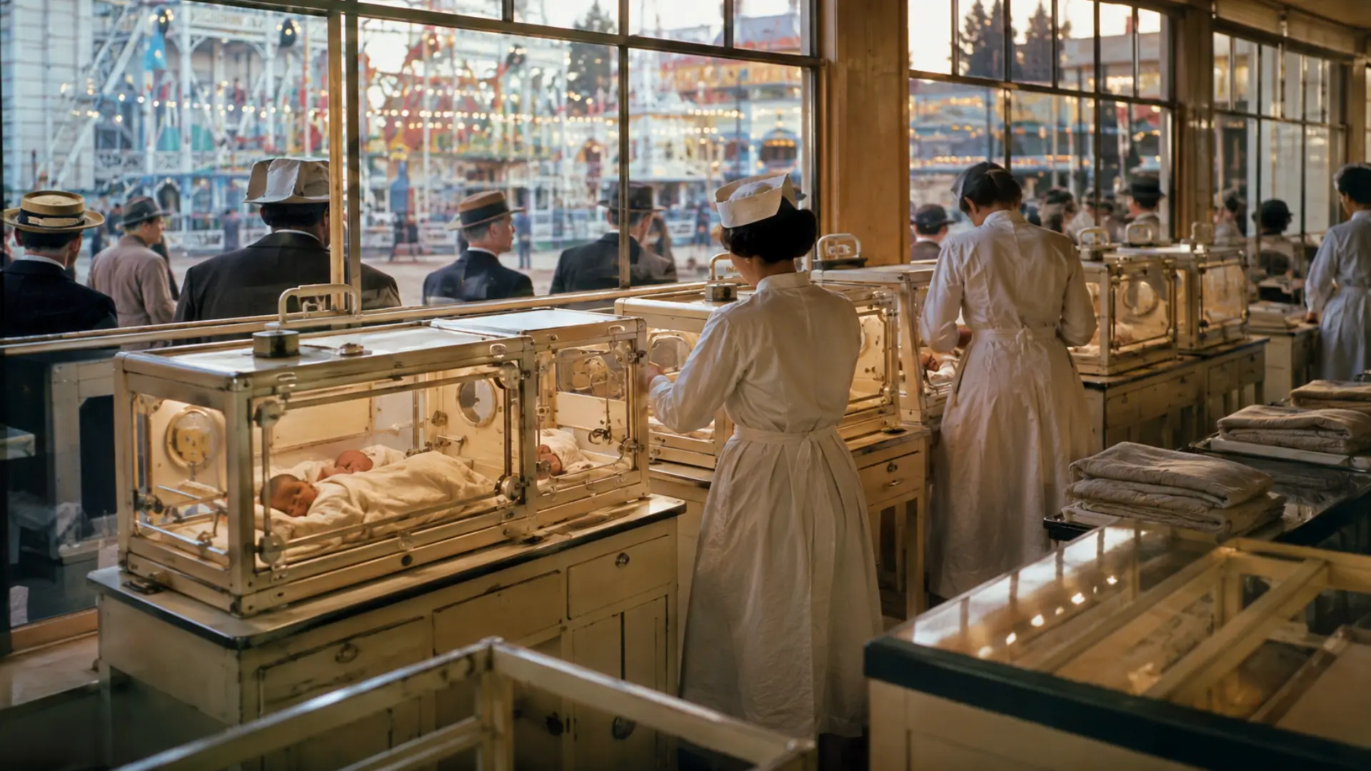 Bébés prématurés dans des incubateurs surveillés par des infirmières à Coney Island au début du XXe siècle.