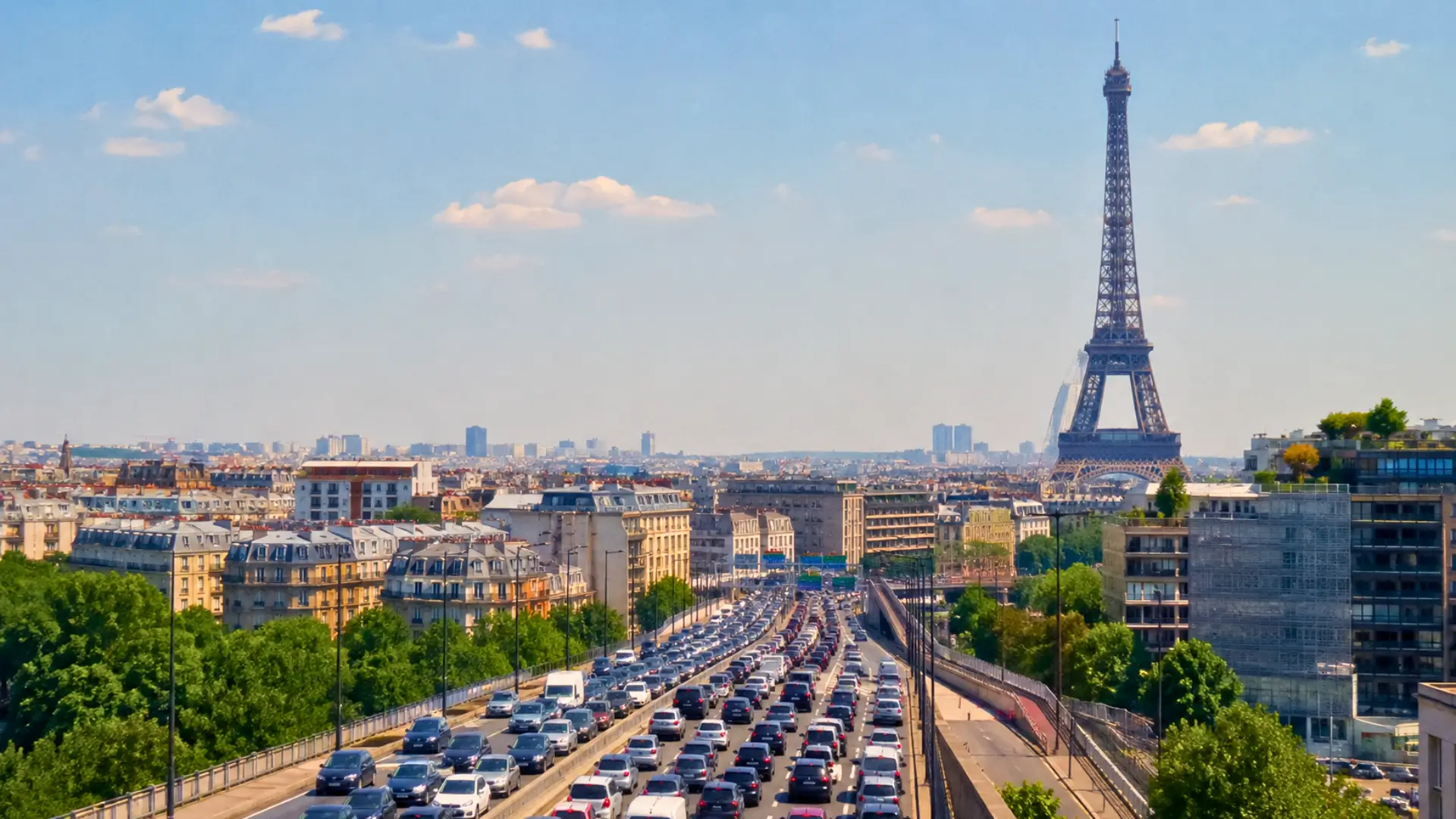 Vue de Paris sous un fort soleil estival avec circulation dense et légère brume atmosphérique lors d’un épisode de pollution à l’ozone.