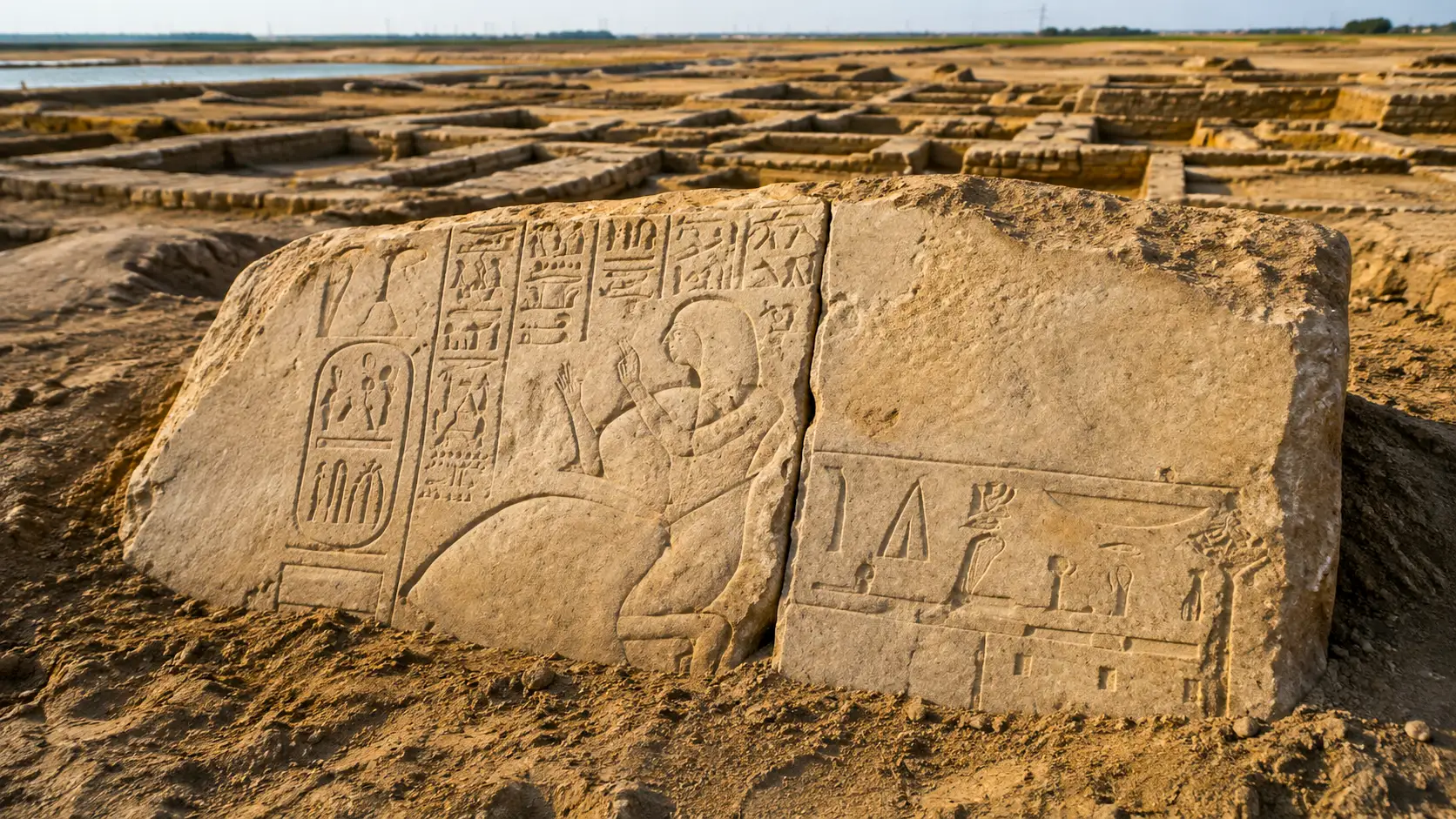 Un linteau de grès gravé de hiéroglyphes attribués à Ramsès II repose au milieu des vestiges archéologiques de Tell Abu Saifi, en Égypte.
