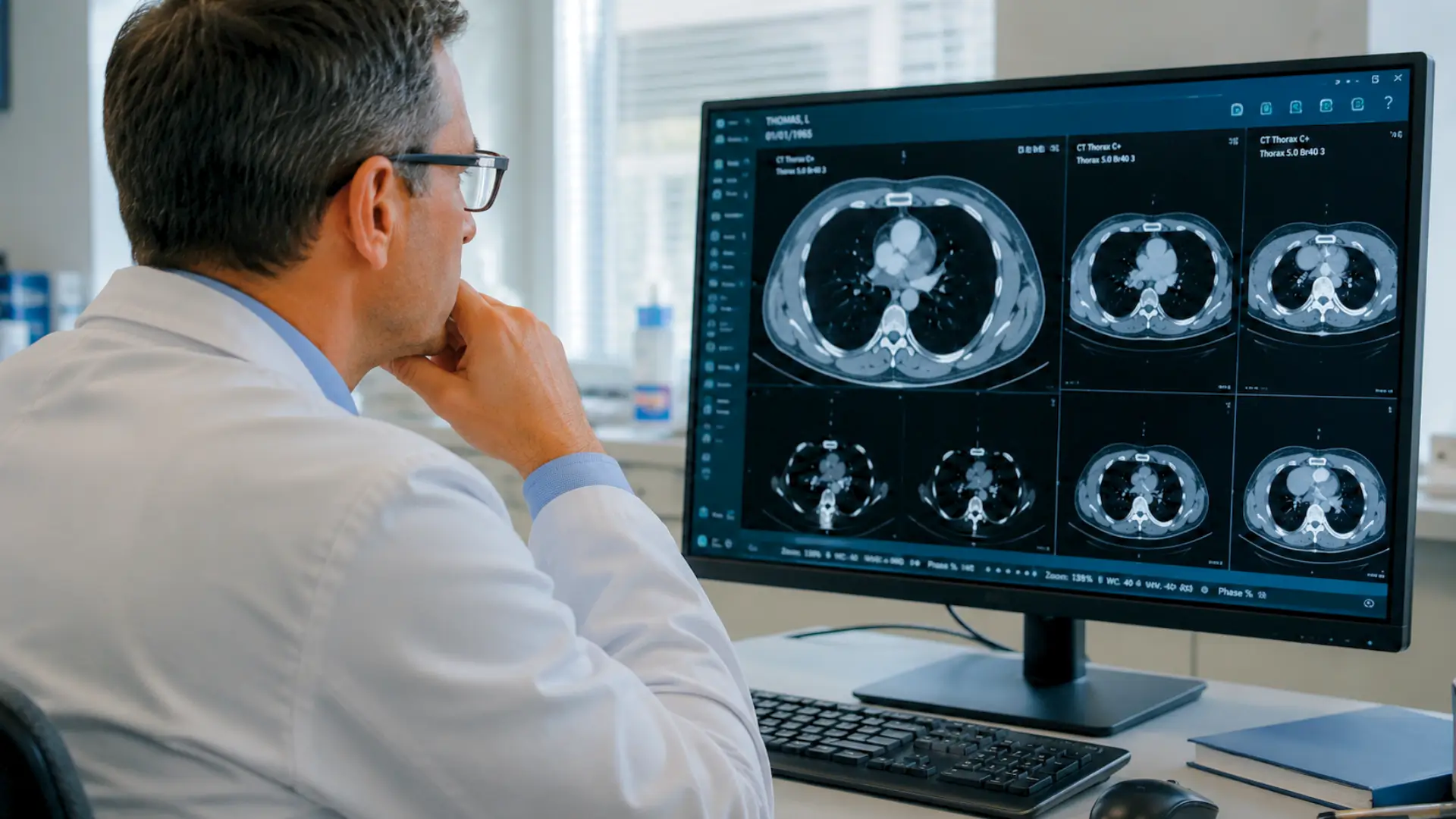 Médecin observant des images de scanner thoracique sur un écran d’ordinateur.