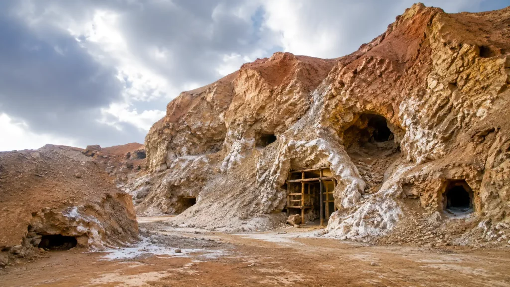 Entrées creusées dans la montagne rocheuse de la mine de sel de Chehrābād en Iran, sous un ciel nuageux.