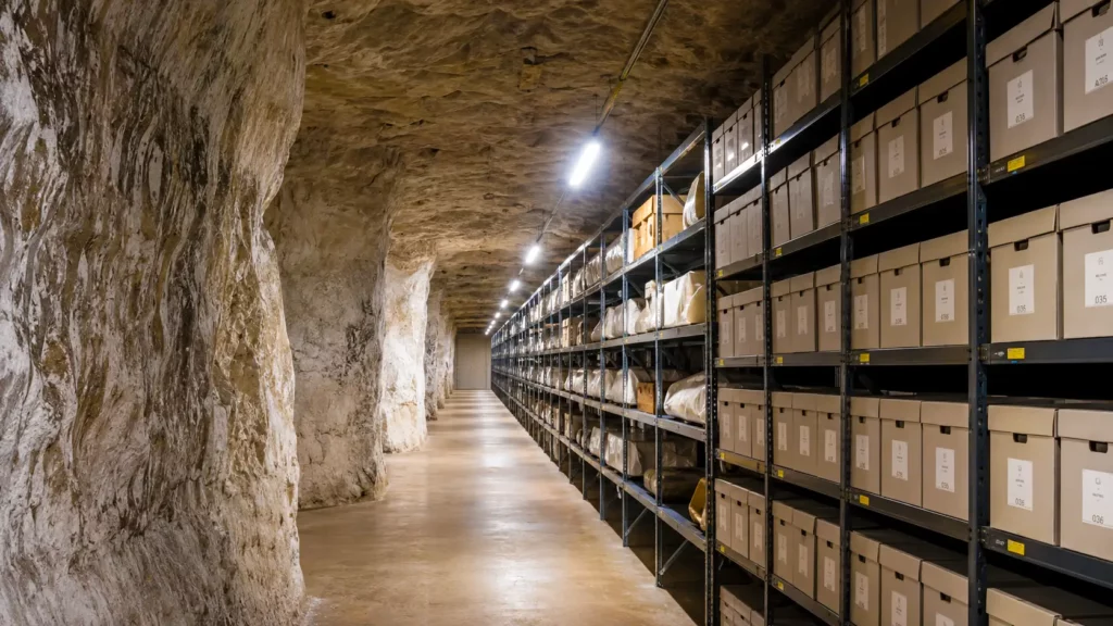 Des rayonnages remplis de boîtes d’archives installés dans les galeries souterraines de la mine de sel de Winsford, dans le Cheshire.