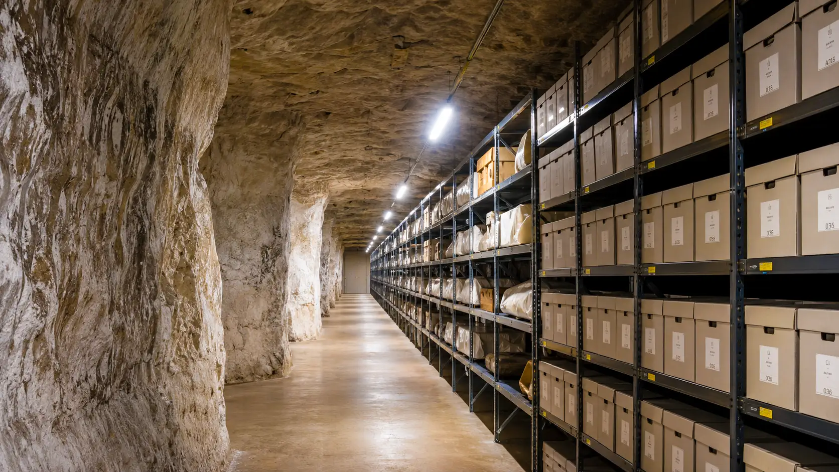 Des rayonnages remplis de boîtes d’archives installés dans les galeries souterraines de la mine de sel de Winsford, dans le Cheshire.