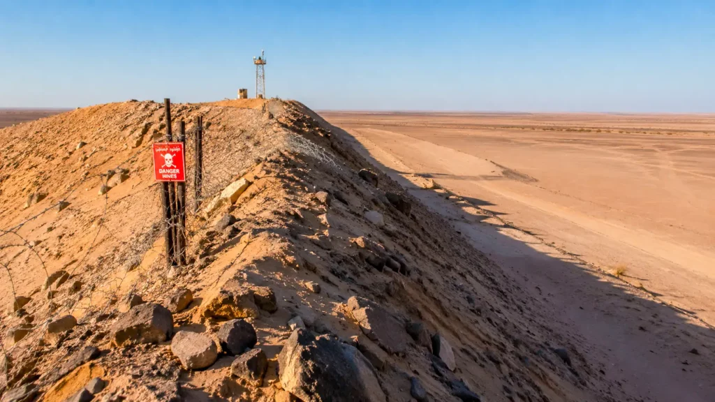 Un immense rempart de sable fortifié traverse le Sahara occidental, bordé de barbelés et d’un panneau signalant la présence de mines.