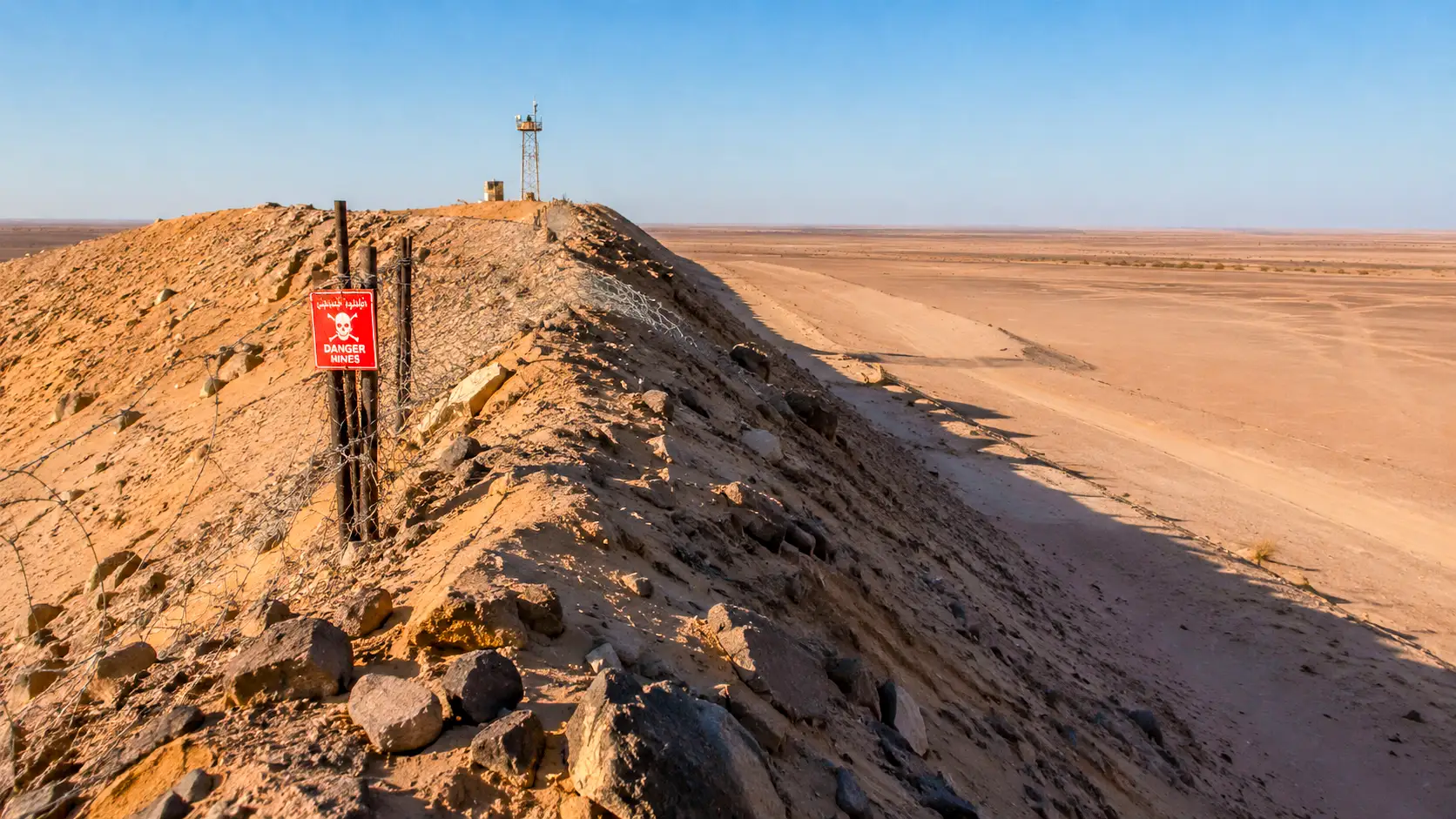 Un immense rempart de sable fortifié traverse le Sahara occidental, bordé de barbelés et d’un panneau signalant la présence de mines.