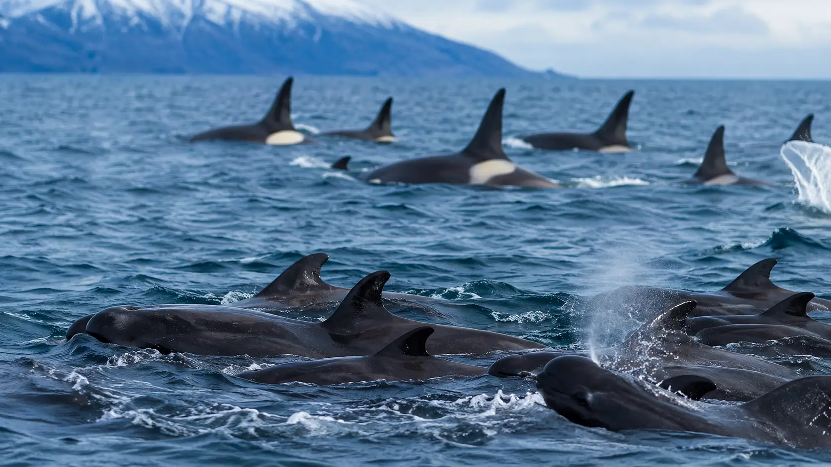 Un groupe de globicéphales noirs nage au premier plan tandis que plusieurs orques s’éloignent dans les eaux froides au large de l’Islande.