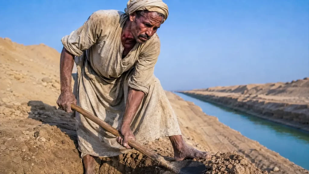 Un ouvrier égyptien creuse à la pelle dans le désert lors de la construction du canal de Suez au XIXe siècle.