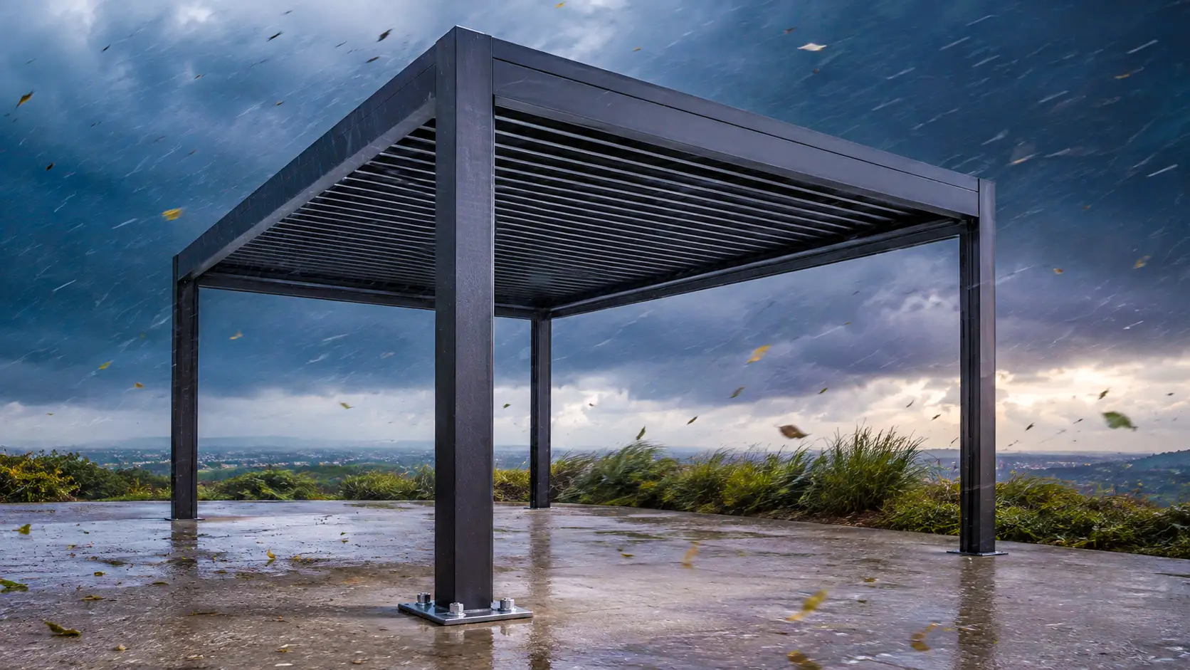 Une pergola bioclimatique en aluminium exposée à de violentes rafales sous un ciel d’orage, solidement ancrée sur une dalle en béton.