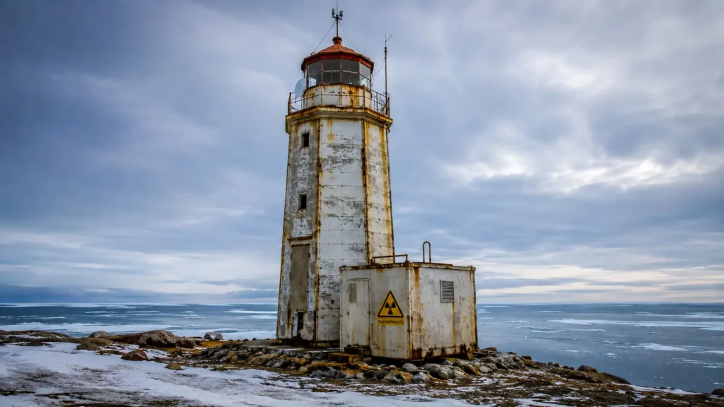 Un phare soviétique abandonné et rouillé se dresse sur une côte glacée de l’Arctique, près d’un caisson portant un symbole radioactif.