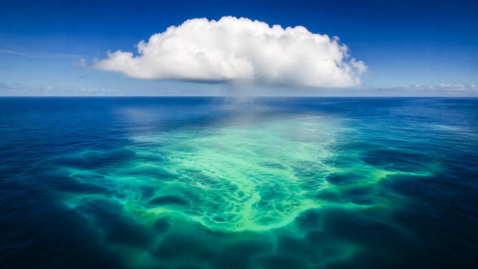 Une vaste efflorescence de phytoplancton turquoise s’étend à la surface de l’océan sous un imposant nuage blanc.