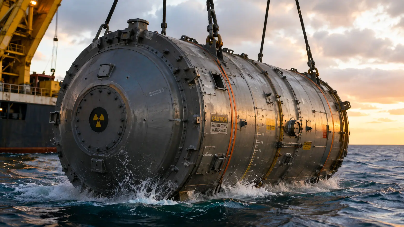Un module de réacteur nucléaire offshore est immergé dans l’océan depuis un navire industriel au coucher du soleil.