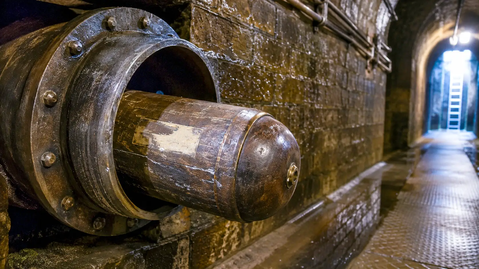 Une ancienne capsule de courrier pneumatique engagée dans un tube métallique au cœur des galeries souterraines de Paris.