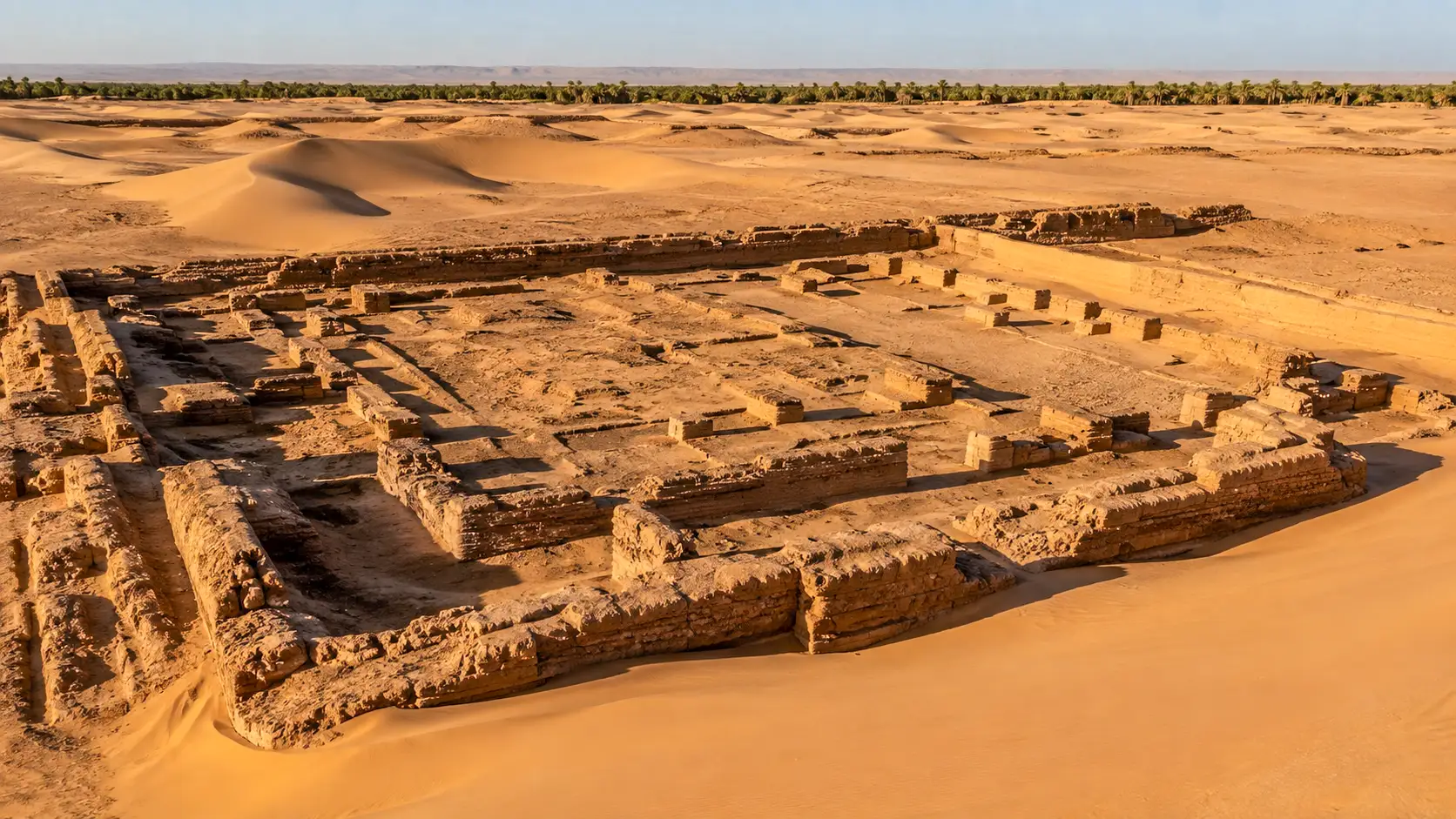 Les vestiges en pisé de Sijilmassa émergent des sables du Tafilalet marocain, révélant le plan de l’ancienne cité.