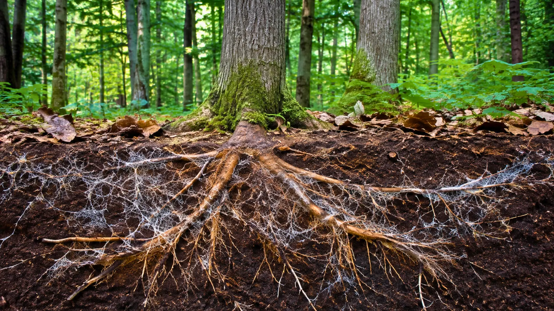 Racines d’arbres reliées par un réseau de filaments mycorhiziens sous le sol d’une forêt.