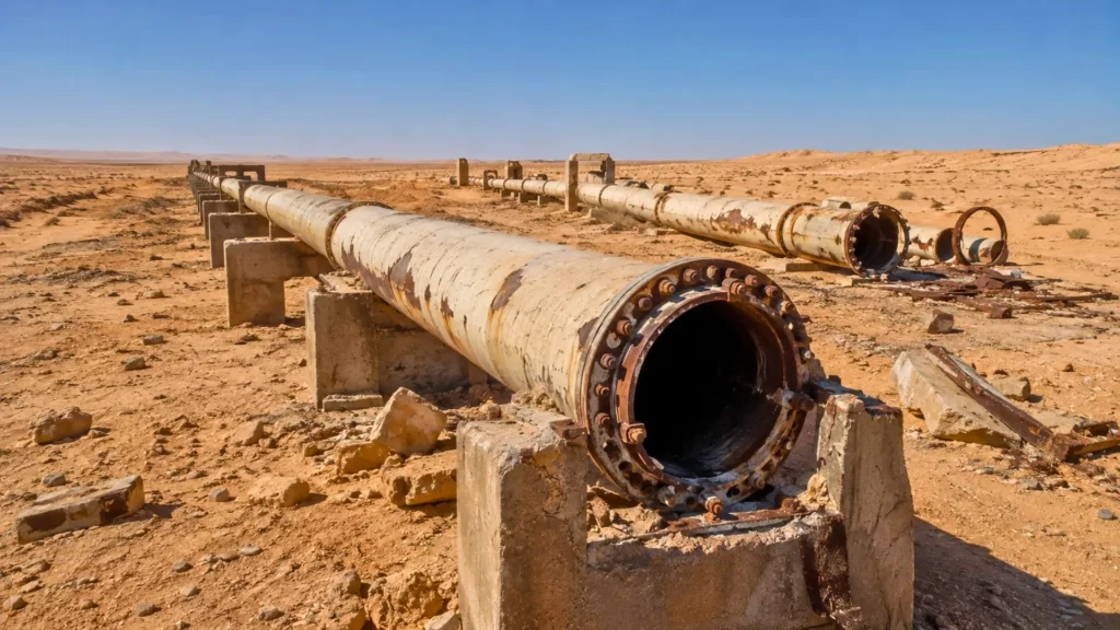 Anciennes conduites d’eau corrodées et endommagées dans le désert libyen