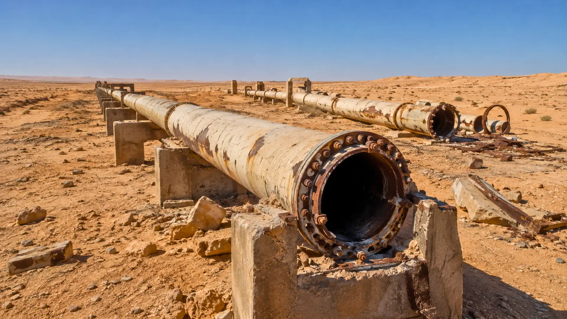 Anciennes conduites d’eau corrodées et endommagées dans le désert libyen